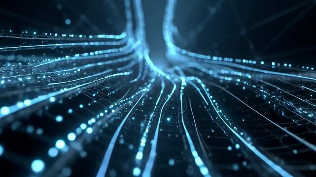 Glowing blue data strands in a digital style on a dark backdrop, representing technology and connectivity systems