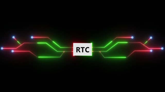 RTC communication technology network with glowing circuit lines illustrating real time connection system and digital data exchange on dark background 4k animation video
