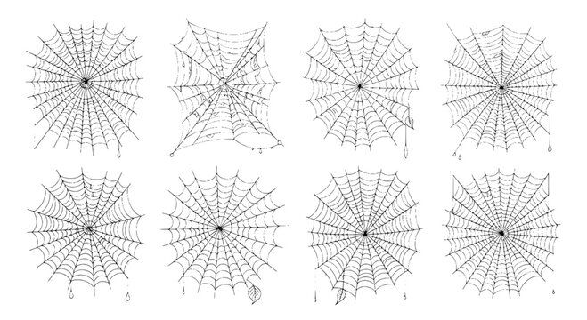 Spider webs set with intricate black line designs and dew drops featuring web, spiderweb, creepy with halloween and illustration elements for graphic