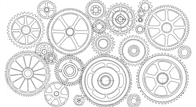 Gears set with interlocking cogs and mechanical wheels in black line art featuring illustration, machinery, industrial with technology and