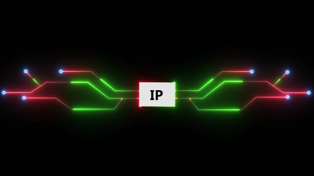 IP network technology system with glowing circuit lines illustrating internet protocol connection and digital data communication on dark background transparent background 4k visuals