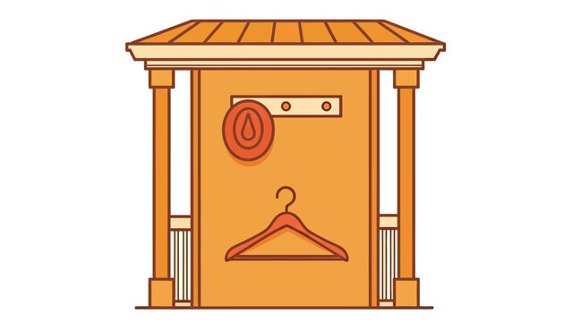 Orange booth with roof, pillars, hangers, and drop symbol
