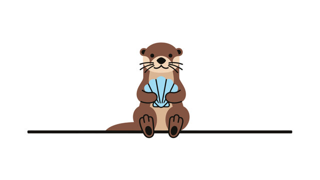 Adorable cartoon otter sitting on a line, holding a blue shell