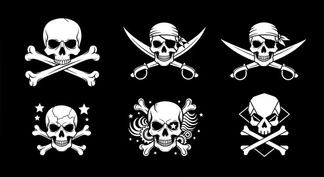 Skulls pirate icon set with crossed bones and sabers, vector graphic elements featuring skull, saber, sword with bandana and eye patch elements for