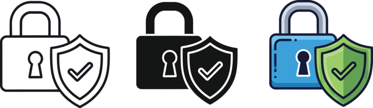 Three distinct vector graphic illustrations of a padlock and shield, symbolizing robust digital data protection and secure access solutions.