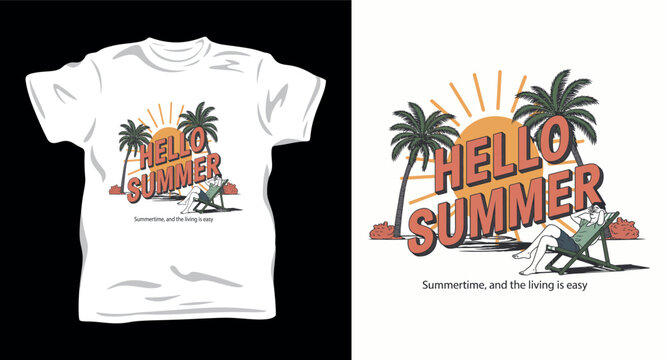 Hello summer t shirt design with palm trees sun and man relaxing on beach chair with tropical vacation theme.