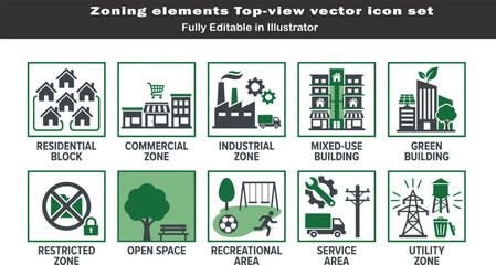 Obraz premium Building zoning symbols vector set, top view architectural CAD icons, residential commercial industrial zones, green buildings, land use planning, clean layout