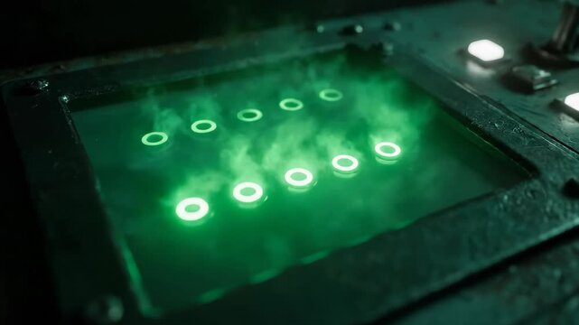 Futuristic control panel with green glowing screen, lights, and switches. Sci-fi console with technology interface and monitor.