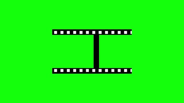 Animated 2D film strip frame scrolling horizontally, black border with white sprocket holes moving, isolated on green screen background.