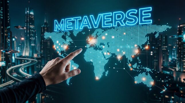 Futuristic hand interacting with metaverse digital world map at night with cityscape background