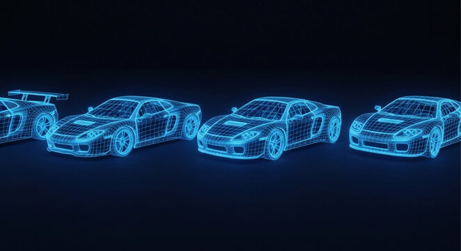 Futuristic Blue Wireframe Sports Cars Lined Up.
