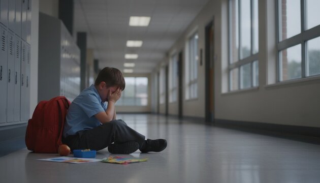A young boy sits alone in a school hallway, head in hands, appearing sad and distraught. The scene evokes feelings of loneliness and vulnerability, emphasizing the challenges faced in childhood