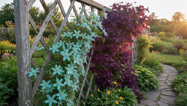 Blooming clematis flowers climbing on a wooden trellis in a beautiful garden setting, creating a serene and picturesque landscape