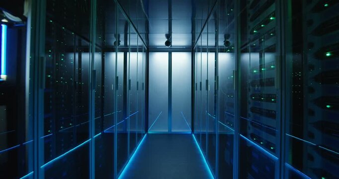 High-tech data center with server racks, supercomputers, and cloud infrastructure for big data and high-performance computing.

