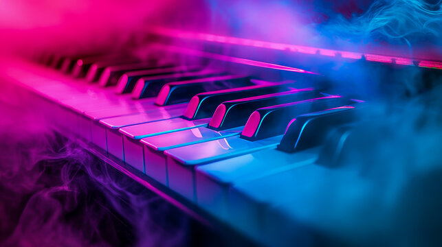 Piano keyboard with colorful smoke swirls under dramatic neon light