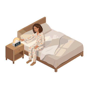 Woman wakes up in bed, sitting beside nightstand with alarm clock