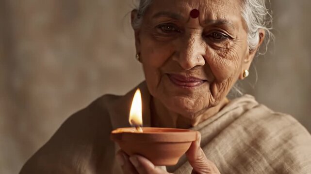 Elderly Indian woman lighting traditional diya clay lamp. 4K Video