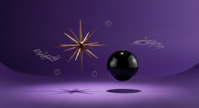 Minimalist Bronze Star and Matte Black Ceramic Black Hole on Royal Purple &ndash; Conceptual Astrophysics, Cosmic Luxury, and Gravitational Physics Still Life