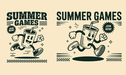 Vintage style summer games poster featuring a running soda cup character with retro typography and playful design elements © SMFARHANTANVIR