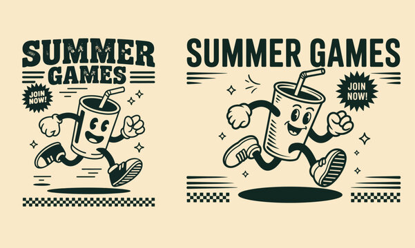 Vintage style summer games poster featuring a running soda cup character with retro typography and playful design elements