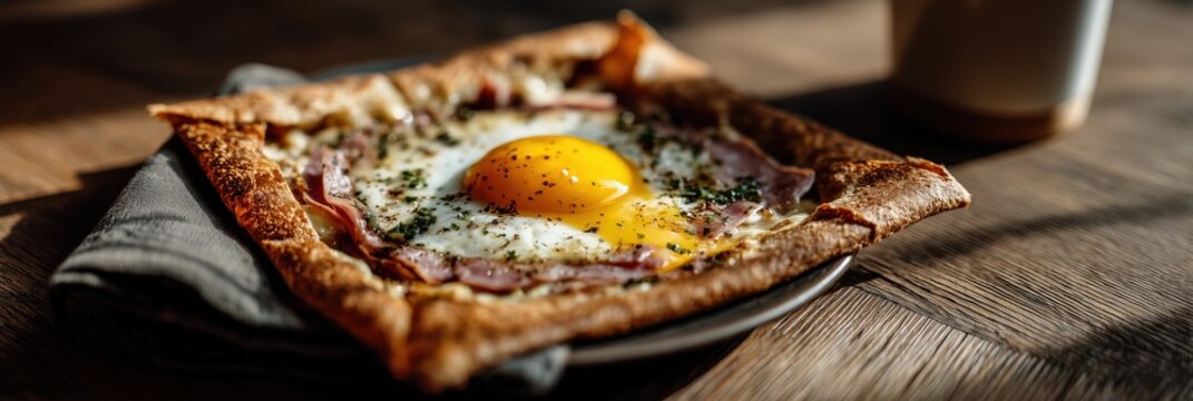 Galette Bretonne Complete with Ham Egg and Cheese on Dark Plate in Rustic Breton Bistrot Atmosphere
