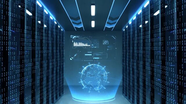 High-tech data center with server racks, supercomputers, and cloud infrastructure for big data and high-performance computing.

