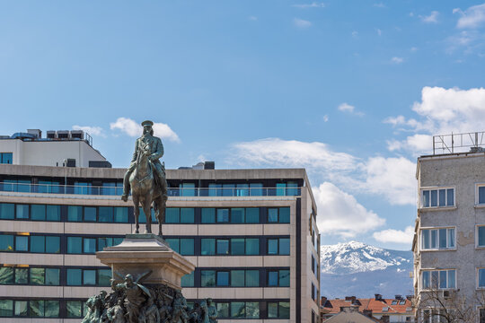 Monument to the Tsar Liberator Against Modern Architecture and Vitosha Mountain in Sofia, Bulgaria