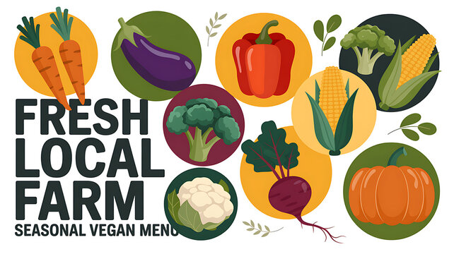 Fresh local farm seasonal vegan menu with variety of organic vegetables carrots eggplant pepper broccoli beet illustration