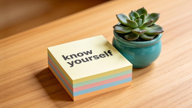 Sticky notes and potted plant on table