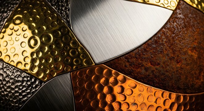 A close-up view of a metallic mosaic with various textures and colors