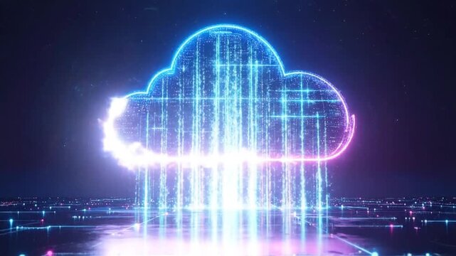 Abstract digital cloud comg concept with glowing neon lines and data streams against a dark background.