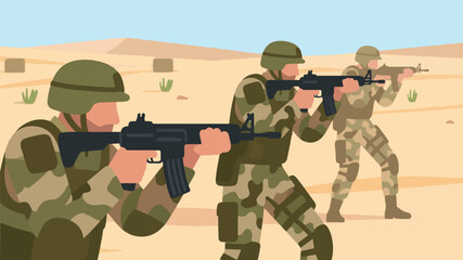Obraz premium Illustration Of A Group Of Soldiers In Camouflage Uniforms Aiming Rifles On A Desert Battlefield Vector Design Template