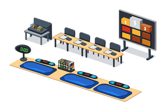 Speedcubing competition setup with timers, puzzles, and scoreboard