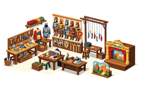 Medieval workshop crafting armor, puppets, and stage props for historical reenactments