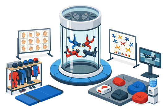 Indoor skydiving training facility with wind tunnel and gear