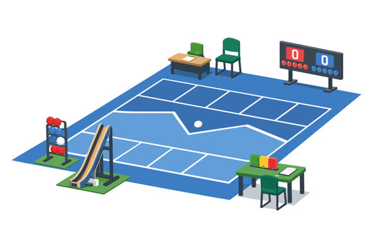 Isometric view of a bocce ball court with equipment and scoreboard
