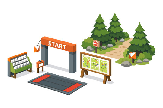 Orienteering start line setup with maps, flags, and forest path illustration