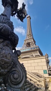 Vertical View of Eiffel Tower Replica by Cotai Strip in Casino Resorts Area of Macao, China