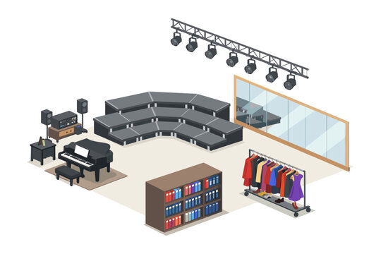 Isometric view of a rehearsal room with stage, piano, and costume rack