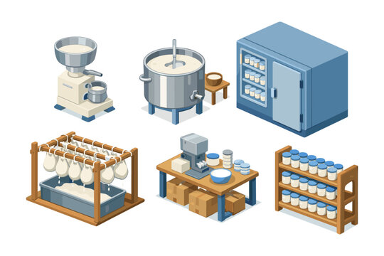 Dairy production equipment and storage in isometric view