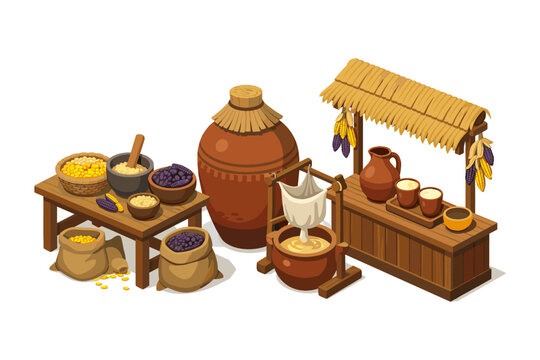 Ancient agricultural processing and beverage preparation scene with corn and pottery