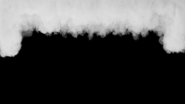 Smoke Screen Falling and Filling Screen, White Foggy Vapor Descends on Black Background