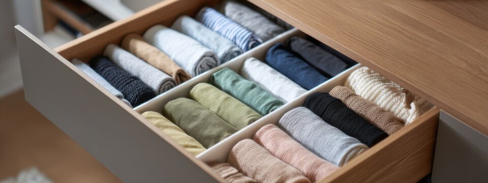 Neatly folded clothes organized in a drawer in a modern home during daytime