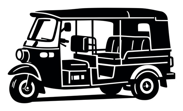 Black and white graphic showing a traditional tuk tuk, a common three-wheeler transportation vehicle used in Asia