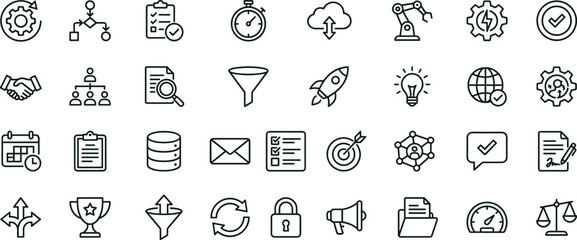 Naklejka premium Business workflow automation outline icon set for analytics dashboards applications interfaces presentations communication productivity and digital management system elements