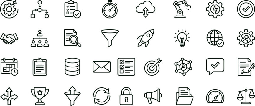 Business workflow automation outline icon set for analytics dashboards applications interfaces presentations communication productivity and digital management system elements
