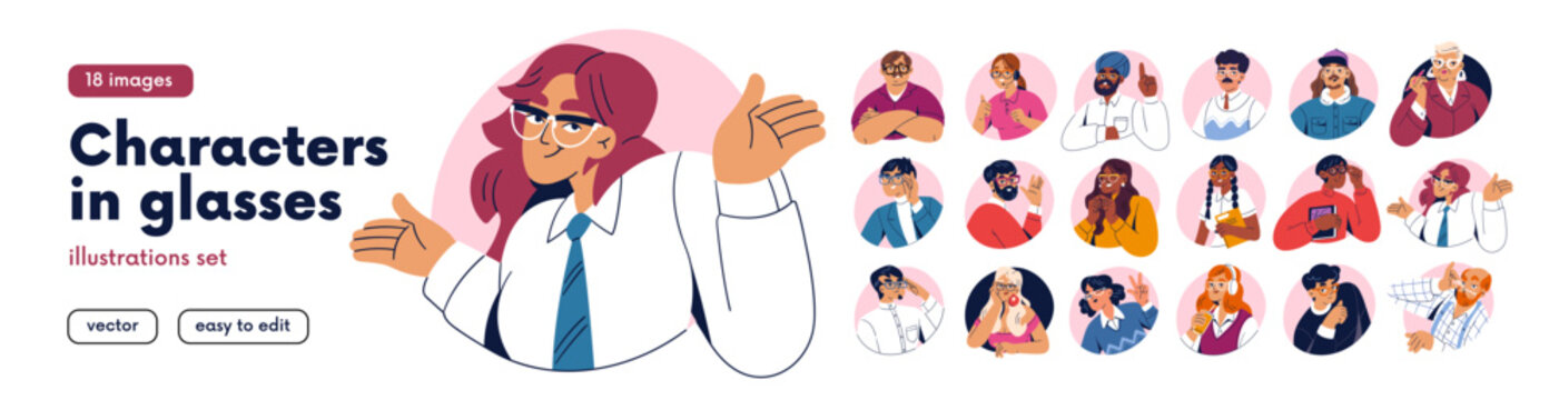 Avatars of diverse people in glasses set. Men and women looking through eyewear for bad eyesight. Happy characters wearing spectacles, eyeglasses. Flat vector illustration isolated on white background