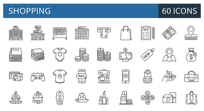 Dynamic Collection of Shopping and Retail Line Icons for E-commerce and Business, Depicting Online and Offline Consumer Activities with Modern Minimalist Style