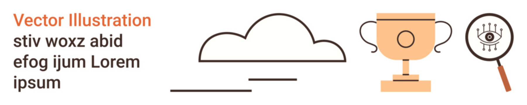 Data analysis, cloud computing, achievements, success, research, innovation. Illustration shows a cloud, a trophy and a magnifying glass analyzing data. Data analysis and cloud computing concept