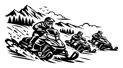 Fototapeta premium Three snowmobilers competing and racing on snow during winter, navigating through a mountain landscape with forest in the background